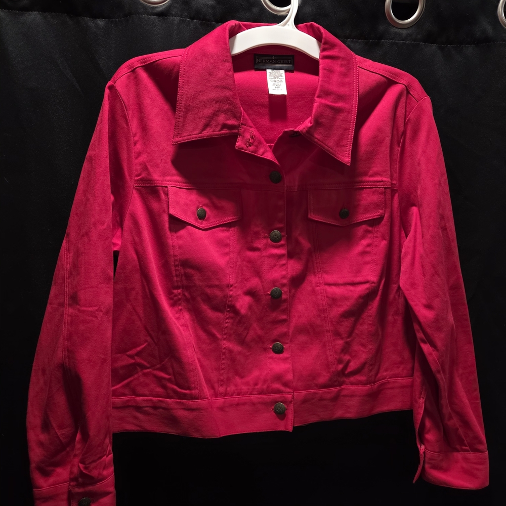 Herman Geist Womens Red Cotton Denim Trucker Jacket Jean Shacket Stretch Sz 14P